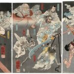 Ushiwakamaru, with the Help of the Tengu, Fights Benkei on Gojô Bridge – Utagawa Kuniyoshi, ca. 1850