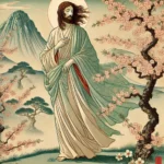 DALL·E 2025-01-16 19.34.45 – A depiction of Jesus Christ in the style of a traditional Japanese woodblock print (ukiyo-e). Jesus is portrayed in flowing robes, standing gracefully